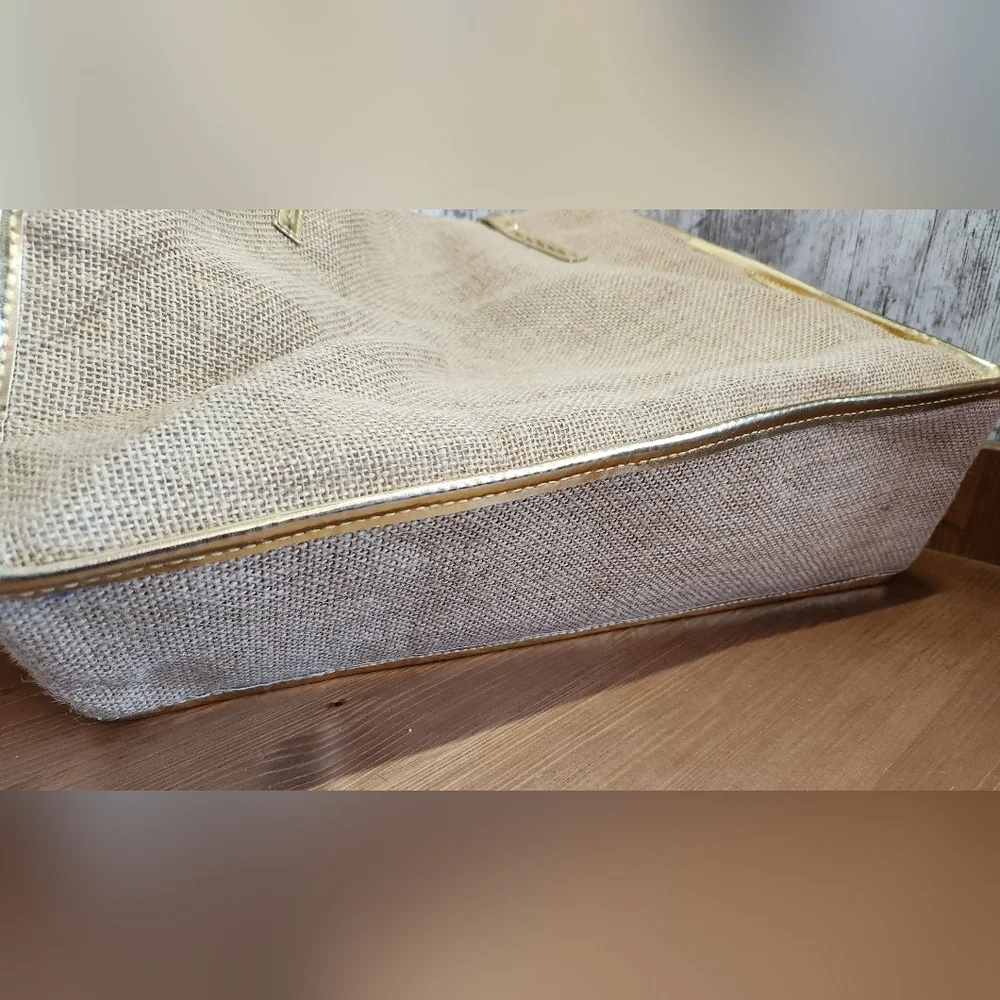 Tan Burlap with Gold Trim & Handles With Letter 